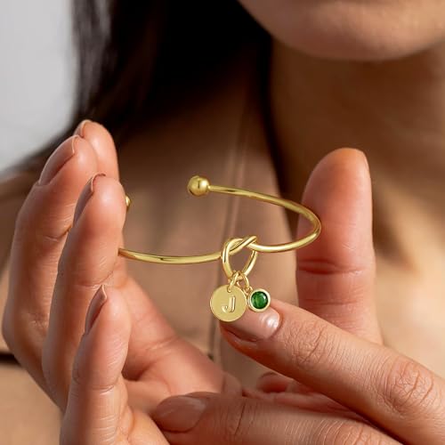Birthstone Initial Bracelets for Women, Dainty 14K Gold Plated 12 Months Disc Initial A-Z Birthstone Heart Knot Bangle Bracelet Birthday Bridesmaid Jewelry Gifts for Women - color: G, style: 01-Jan-Created Grown Garnet