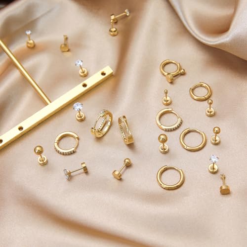 Stainless Steel Stud Earrings Set for Women Hypoallergenic Flat Back Cartilage Earrings Screw Back Huggie Hoop Earrings Multiple Piercing Cubic Zirconia Helix Tragus Jewelry - color: Set-C-14K Gold Plated