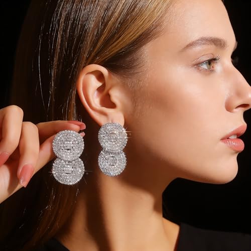 Rhinestone Earrings Dangling for Women Sparkly Silver Dangle Earrings Girls Long Chandelier Earrings Tassel Lightweight Ear Studs Cubic Zirconia (KE001S-W) - color: Double Circle BXE009S