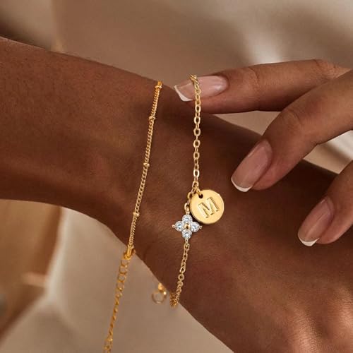 M MOOHAM Initial Bracelets for Women Girls Gifts, Birthday Gifts Jewelry | Dainty Four Leaf Clover Bracelet, Bracelets for Women Trendy, Initial Bracelet for Teen Girls, Personalized Birthday Gifts - color: E