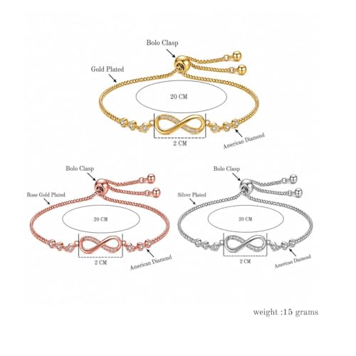 Nilu's Collection Infinity Shape Cubic Zirconia Diamond Bracelet for Women, Jewelry for Gift, Adjustable Charm Bracelet (Rose Gold Necklace + Bracelet) - color: 3 Bracelets Combo