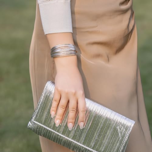 Gold Tube Leather Wrap Bracelets Boho Chunky Stackable Layered Western Cuff | Stacked Bohemian Cool Magnetic Clasp Bangles Statement Cowgirl Hippie Country Festival Accessories for Women Trendy - color: Silver