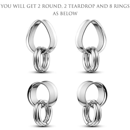 2 Pairs Stainless Steel Ear Plugs Tunnels Set with 2 Stacked Rings, Round & Teardrop Gauges for Ears, Hypoallergenic Surgical Steel Ear Stretcher Expander Body Jewelry - color: Silver, size: 16mm(5/8 inch)