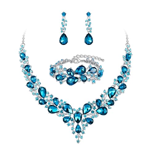 Wedding Bridal Jewelry Set for Women Bride Bridesmaids | Gorgeous Austrian Crystal Teardrop Cluster Statement Necklace Dangle Earrings Link Bracelet Set Prom Jewellery - color: 12-Sky Blue Silver-Tone
