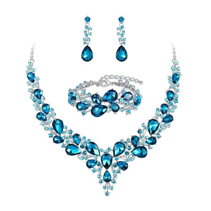 Wedding Bridal Jewelry Set for Women Bride Bridesmaids | Gorgeous Austrian Crystal Teardrop Cluster Statement Necklace Dangle Earrings Link Bracelet Set Prom Jewellery - color: 12-Sky Blue Silver-Tone