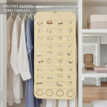 Hanging Jewelry Organizer, Vertical Closet Storage with Clear Pockets for Necklaces and Earrings, Polyester Roll-Up Bag (1 PC) - color: Beige