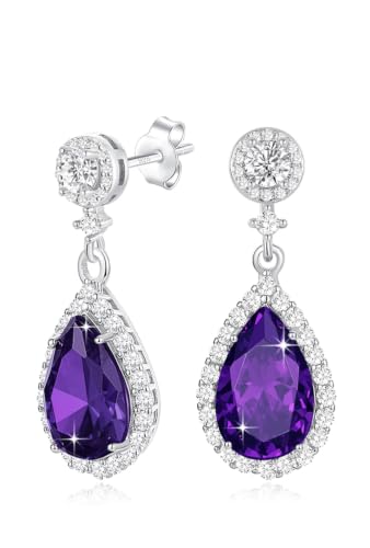 Silver Diamond Dangle Earrings for Women Rhinestone Teardrop Crystal Cubic Zirconia Drop Dangling Wedding Costume Jewelry - color: 02.February-White Gold Plated | Amethyst
