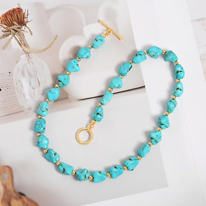 Aobei Pearl Gemstone Beaded Choker Necklace for Women Boho Turquoise/Cultured Freshwater Pearls/Garnet/Amazonite Jewelry - color: Q Green-blue Irregular Turquoise