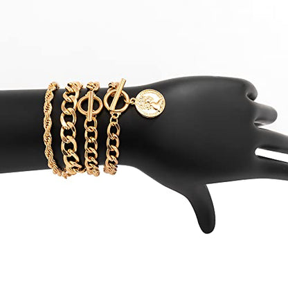 Boho Fashion Dainty Boho Gold Silver Chain Stackable Bracelets Set for Women Adjustable Beaded Coin Chunky Flat Cable Chain Punk Bracelets Jewelry for Women Gift Set of 4 - color: Gold