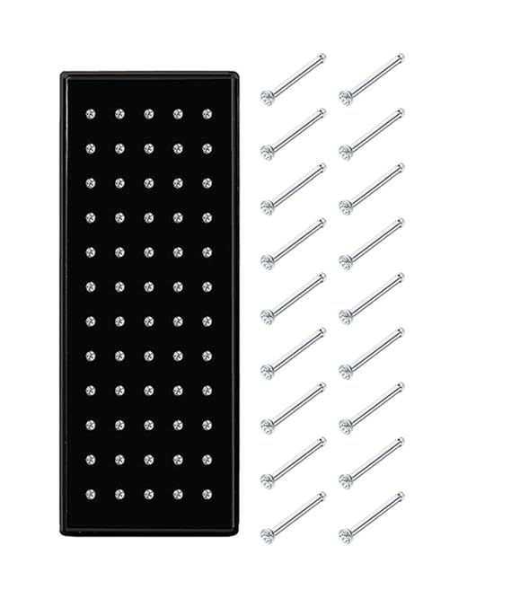Jstyle 60Pcs Hypoallergenic Nose Rings Studs for Women Men 22G Piercing Pin | 316L Stainless Steel Straight Nose Studs, Small Sparkly CZ Piercing Jewelry for Sensitive Skin, 7MM Post, 1.5/2.0/2.5MM CZ - size: 1.5 mm