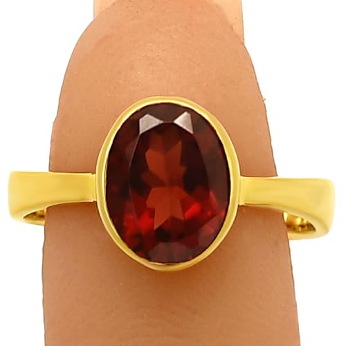 18K Gold Filled Non-Tarnish Ring for Women – Oval Multi Gemstone Solitaire Band – Classic Birthstone Jewelry for Everyday Wear - color: Hessonite Garnet