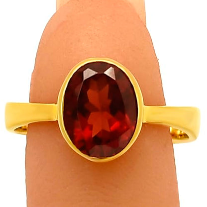 18K Gold Filled Non-Tarnish Ring for Women – Oval Multi Gemstone Solitaire Band – Classic Birthstone Jewelry for Everyday Wear - color: Hessonite Garnet