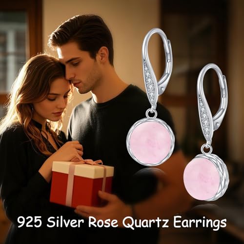 925 Sterling Silver 8mm Pearl Dangle Drop Earrings Moonstone Larimar Opal Rose Quartz Black Pearl Leverback Earrings for Women Christmas Gifts for Her - style: Rose Quartz Earrings