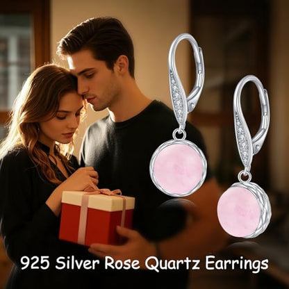925 Sterling Silver 8mm Pearl Dangle Drop Earrings Moonstone Larimar Opal Rose Quartz Black Pearl Leverback Earrings for Women Christmas Gifts for Her - style: Rose Quartz Earrings
