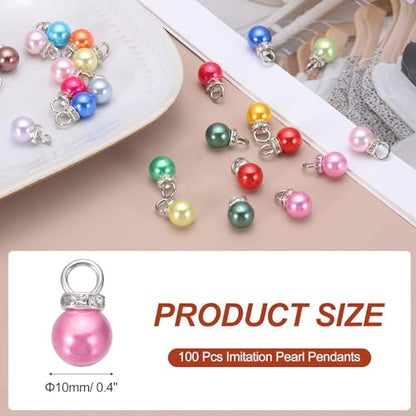 MECCANIXITY 100Pcs Imitation Pearl Pendant 10mm Faux Pearl Beads with Rhinestone for Dangle Jewelry Making Earrings Necklace Bracelets Crafts, Bright Pink - color: Bright Pink