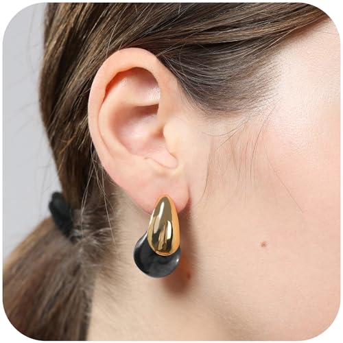 Chunky Resin Teardrop Earrings, 18K Gold Acrylic Resin Drop Hoops，Hypoallergenic Fashion Jewelry for Women,18K Gold Plated Resin Drop Earrings - color: Black