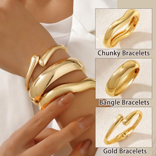Chunky Gold Bangle Bracelets for Women, 14k Gold Plated Dainty Cuff Stackable Bangles Set, Trendy Bracelet Stack Fashion Jewelry Gifts - color: 03-GOLD