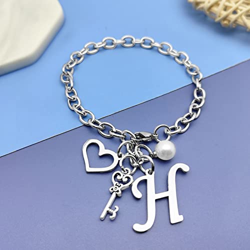 Initial A-Z Bracelets Gift for Women Girls Stainless Steel Chain Bracelet 26 Alphabet Jewelry Gifts for Birthday Anniversary Letter Bracelet Monogram Gifts for Sister Friend Girlfriends Mom 8.26 Inch - color: H