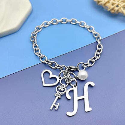 Initial A-Z Bracelets Gift for Women Girls Stainless Steel Chain Bracelet 26 Alphabet Jewelry Gifts for Birthday Anniversary Letter Bracelet Monogram Gifts for Sister Friend Girlfriends Mom 8.26 Inch - color: H