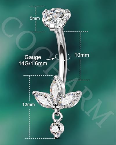 Lotus Belly Button Rings Dangle 14G Dangle Belly Navel Button Piercing Surgical Steel Navel Piercing Jewelry Dangling - color: WG-10MM