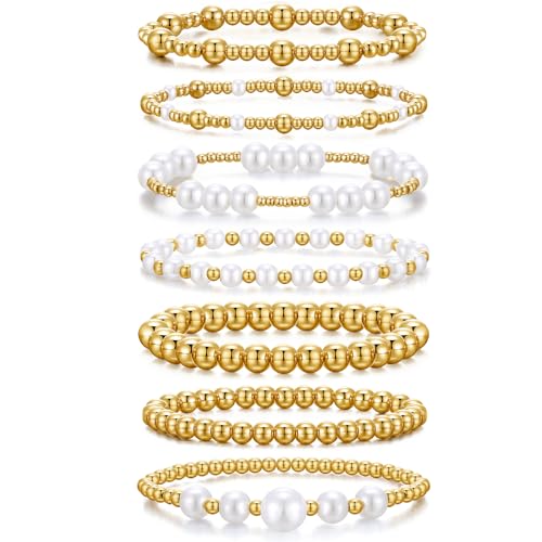 KISS WIFE Gold Beaded Bracelets for Women, Stackable Stretch Bracelet Set | 13 stretch bracelets combine polished gold-tone beads and faux pearls for stacked or individual everyday styling. - color: Gold Stainless Steel