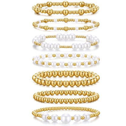 KISS WIFE Gold Beaded Bracelets for Women, Stackable Stretch Bracelet Set | 13 stretch bracelets combine polished gold-tone beads and faux pearls for stacked or individual everyday styling. - color: Gold Stainless Steel
