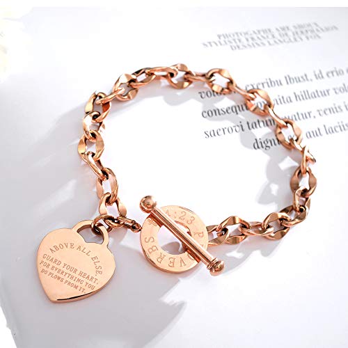 kelistom 316L Stainless Steel Love Heart Charm Bracelet for Women Romantic Gift Silver/Rose/18k Gold Plated OT Clasp Bracelets - color: rose gold