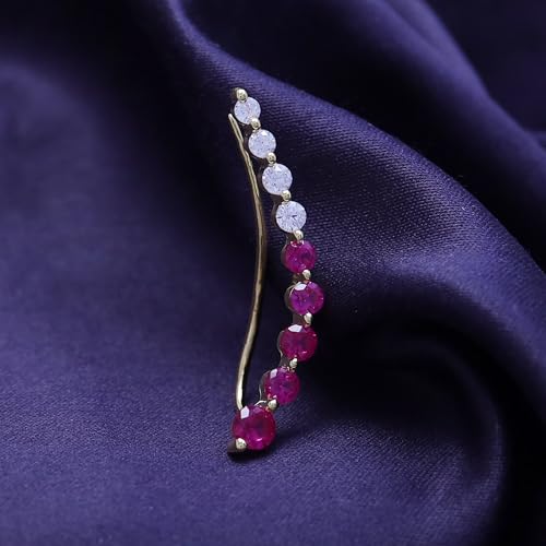 Floating Curved Bar One Piece Left Ear Crawler Earrings With Birthstone | White CZ In 14K Yellow Gold Over Sterling Silver - color: Simulated Ruby