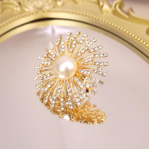 Elegant Big Crystal Ring for Women Gold Stacking Pearl Rhinestone Flower Rings Open Finger Adjustable Crystal Statement Ring Jewelry for Bridal Wedding - color: Crystal 5