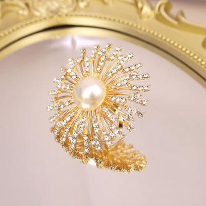 Elegant Big Crystal Ring for Women Gold Stacking Pearl Rhinestone Flower Rings Open Finger Adjustable Crystal Statement Ring Jewelry for Bridal Wedding - color: Crystal 5