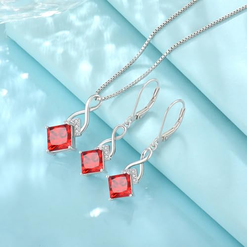 Infinity Necklace 925 Sterling Silver Princess Cut Pendant Birthstone Jewelry for Women - color: Deep Red