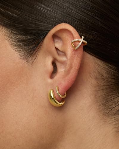 PAVOI 14K Gold Plated CZ Ear Cuff Earrings for Women, Clip On Cartilage | Hypoallergenic Huggie Ear Cuffs with Cubic Zirconia - style: Open
