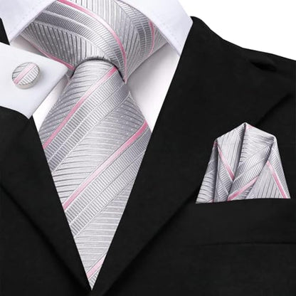 Dubulle Mens Paisley Striped Tie Woven Necktie for Men and Handkerchief Cufflinks Set Wedding Formal Business - color: B Grey Pink