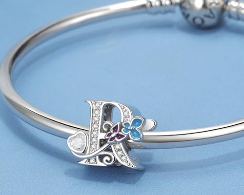 S925 Silver Butterfly Initial Letter Charms Fit for Pandora Charms Bracelets and Necklace Alphabet Bead Charms Jewelry Gifts for Women - color: R