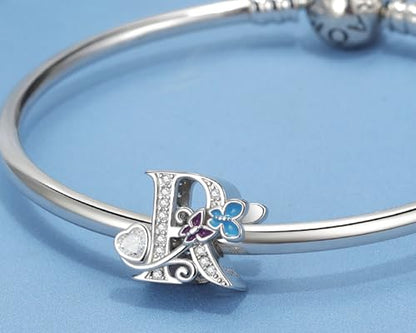S925 Silver Butterfly Initial Letter Charms Fit for Pandora Charms Bracelets and Necklace Alphabet Bead Charms Jewelry Gifts for Women - color: R
