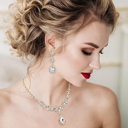 Jstyle Rhinestone Wedding Jewelry Sets for Brides, Brides Bridesmaid Sets | Non Tarnish Bridal Jewelry Set, Crystal Teardrop Pendants Necklace Bracelet,Clip On Earrings, Wedding Prom Jewelry Set - color: Gold Tone