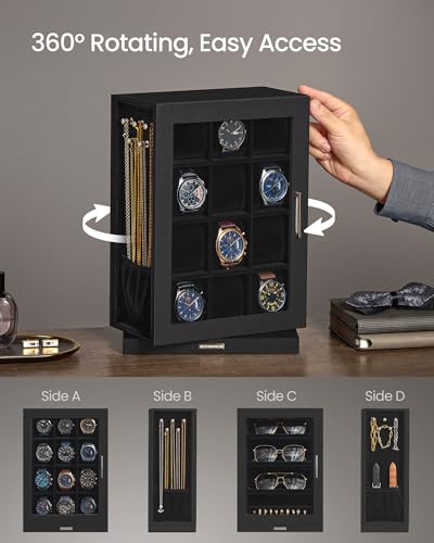 SONGMICS Watch Box 12 Slots with Glass Windows, 360° Rotating Vertical Watch Display Case, Jewelry Sunglasses Ring Storage, 10 Necklace Hooks, Removable Pillows, Velvet Lining, Ink Black UJWB028B01 - color: Ink Black, size: 12 Slot