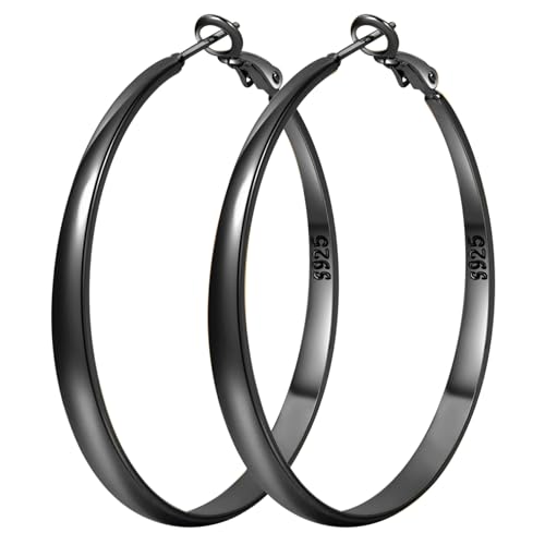925 Sterling Silver Hoop Earrings Hypoallergenic Large Thin Hoops Earring | Lightweight Big Silver Hoops Hypoallergenic Large Hoop Earring for Women Sensitive Ears Oversize Hoops 30/40/50/60/70mm - color: 50mm Black