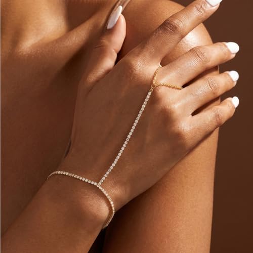 14K Gold Hand Chain Ring Bracelet-SM - style: Full Pave