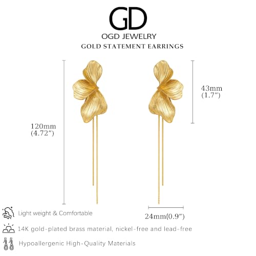 OGD Chunky Gold Statement Earrings For Women Trendy Gold Plated Sectored Flower Leaf Angel Wing Earrings Large Stud Jewlery Hypoallergenic - color: Flower Tassel-Gold