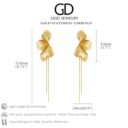 OGD Chunky Gold Statement Earrings For Women Trendy Gold Plated Sectored Flower Leaf Angel Wing Earrings Large Stud Jewlery Hypoallergenic - color: Flower Tassel-Gold