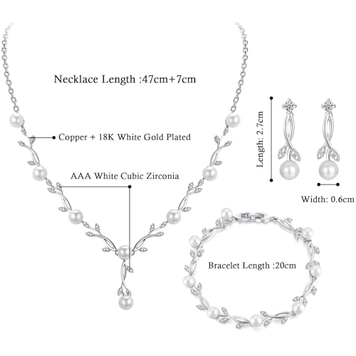 Jewelry Set for Women, Necklace Dangle Earrings Bracelet Set with White AAA Cubic Zirconia, Allergy Free Wedding Party Jewelry for Bridal Bridesmaid - color: Necklace+Braclelet+Earrings-pearl style