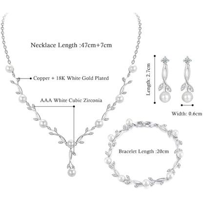 Jewelry Set for Women, Necklace Dangle Earrings Bracelet Set with White AAA Cubic Zirconia, Allergy Free Wedding Party Jewelry for Bridal Bridesmaid - color: Necklace+Braclelet+Earrings-pearl style