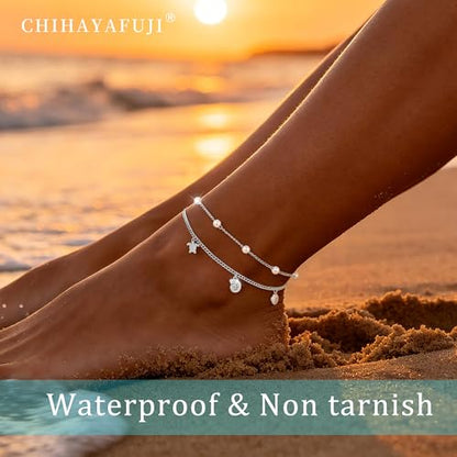 Sterling Silver Ankle Bracelets for Women 14k Gold Plated Waterproof Dainty Layered Stackable Seashell Pearl Charm Non Tarnish Adjustable Anklet for Summer Beach Jewelry Gift - color: silver1