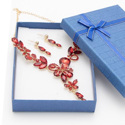 Rhinestone Crystal Bridal Necklace Floarl Art Deco Teardrop Collar Necklace Dangle Earrings Jewelry Set for Women - color: Red