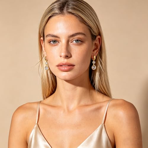 Gold Dangle Earrings for Women 14K Gold Plated Chunky Huggie Hoops Drop Earring Trendy Cubic Zirconia Diamond Crystal Round Teardrop Heart Charm Hypoallergenic Statement Jewelry Gifts - color: gold