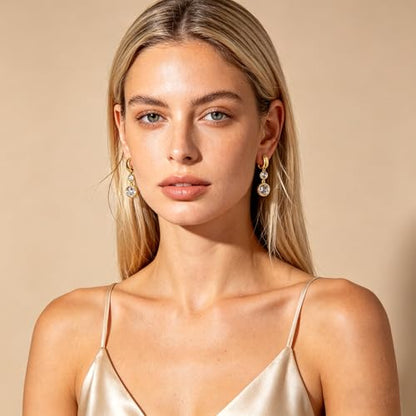 Gold Dangle Earrings for Women 14K Gold Plated Chunky Huggie Hoops Drop Earring Trendy Cubic Zirconia Diamond Crystal Round Teardrop Heart Charm Hypoallergenic Statement Jewelry Gifts - color: gold