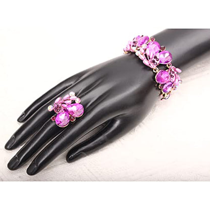 Jewelry Set for Women, Statement Necklace Dangle Earrings Bracelet Ring, White/KC Gold Plated Jewelry Set with Rhinestone Pearl Crystal Wedding Party Jewelry for Bridal Bridesmaid - color: Deep Purple-Gold Plated