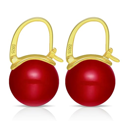 HUGE TOMATO Elegant 925 Sterling Silver Pearl Drop Earrings for Women, 14K Gold Plated Dangle Stud Earrings, Hypoallergenic Large Pearl Hoop Earring dangling 12mm - color: Red