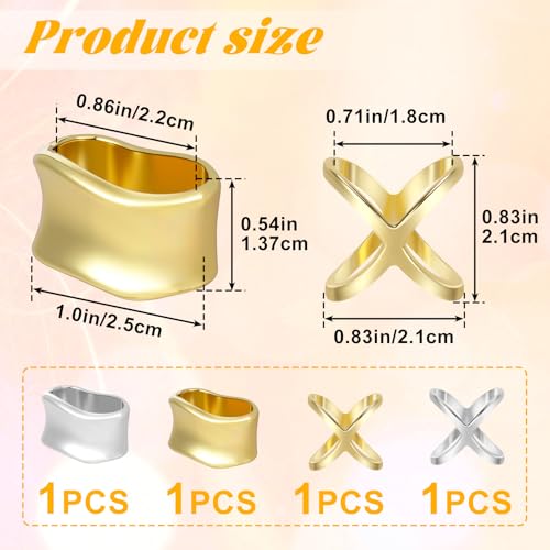4pc Silk Scarf Ring, 2 Styles, Gold & Silver | Metal, 1×0.54in & 0.83in, Oblate & X Shape, Minimalist, Geometric, Silk Scarves Shawl Clip, Scarf Slide for Women - color: Gold & Silver-4pcs